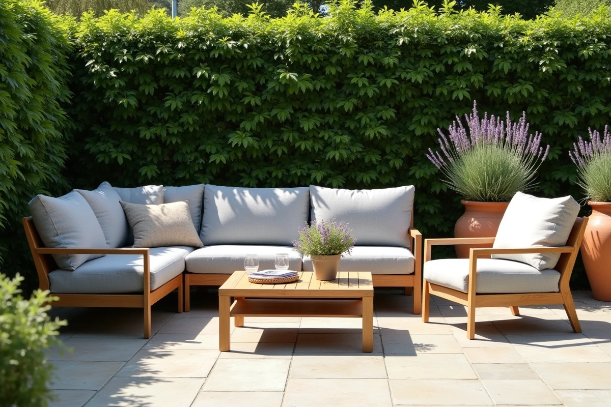 Salon de jardin modulable gris clair avec canapé d'angle, table basse en bois et fauteuils sur une terrasse en pierre