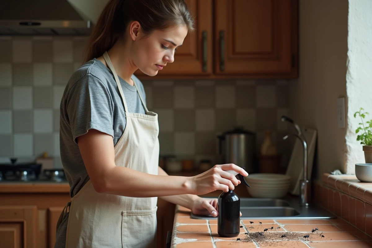 Femme appliquant du savon noir en spray contre des fourmis ailées dans une cuisine