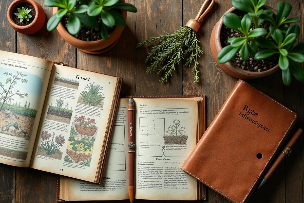 Sélection de livres sur la permaculture en flat lay avec des semis en pot et un carnet de jardinage sur une table en bois brut