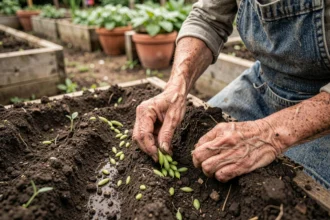 Mains d'une jardinière semant des haricots verts en pleine terre au printemps dans un potager