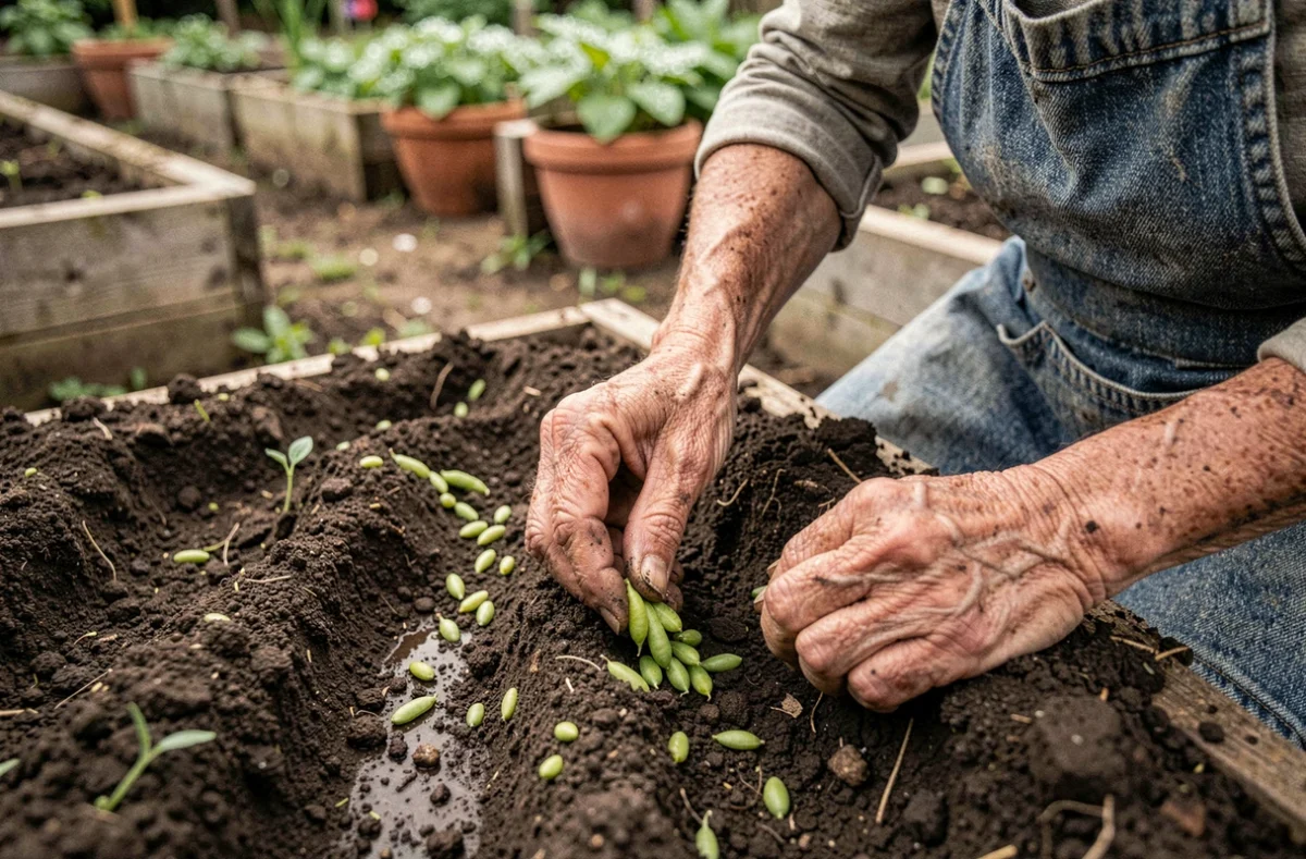 Mains d'une jardinière semant des haricots verts en pleine terre au printemps dans un potager