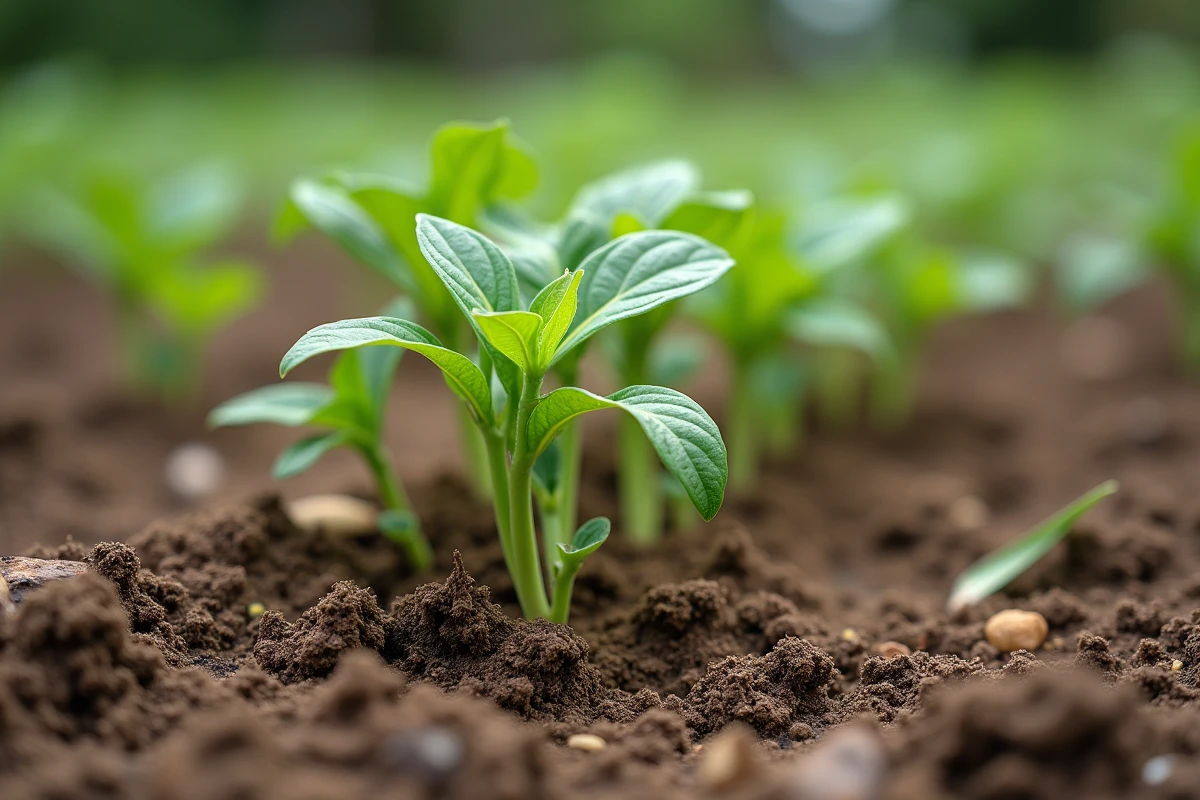 Gros plan sur des semis de haricots verts étiolés dans une terre sèche et compactée au potager