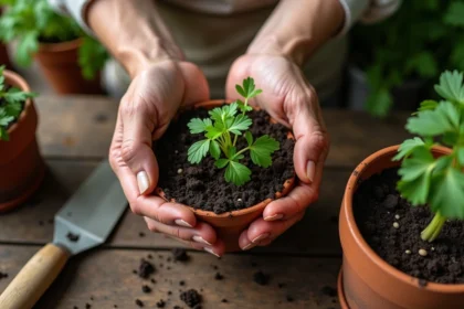 Mains de jardinière semant des graines de persil dans un pot en terre cuite sur un établi de jardinage rustique