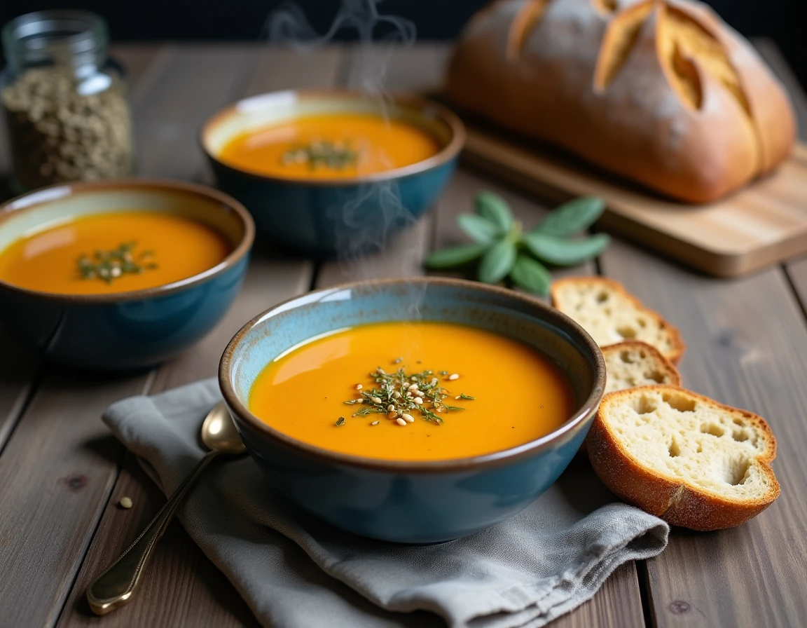 Trois bols de soupe de citrouille bleue fumante sur table en bois avec pain au levain et sauge fraîche