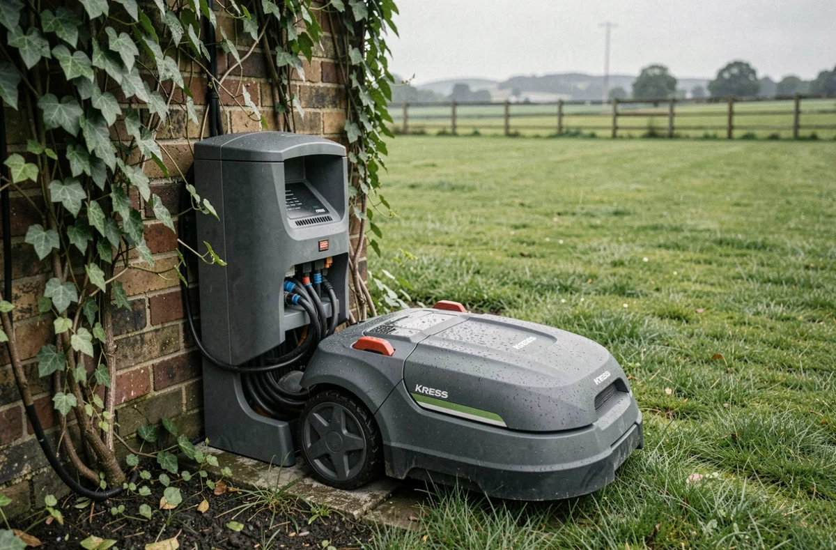 Station de recharge du robot tondeuse Kress installée en bordure d'un grand jardin avec pelouse étendue et clôture en bois