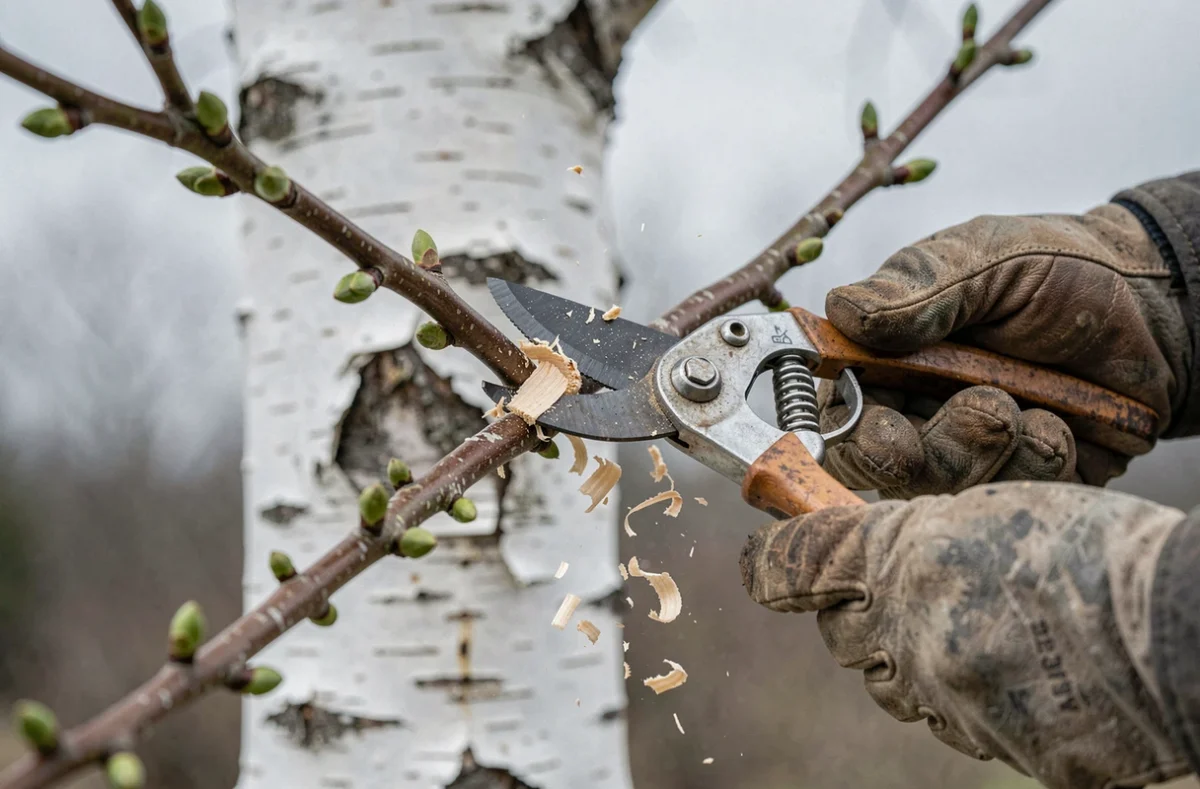 Gros plan sur la taille d'une branche de bouleau avec un sécateur, bourgeons verts visibles au printemps