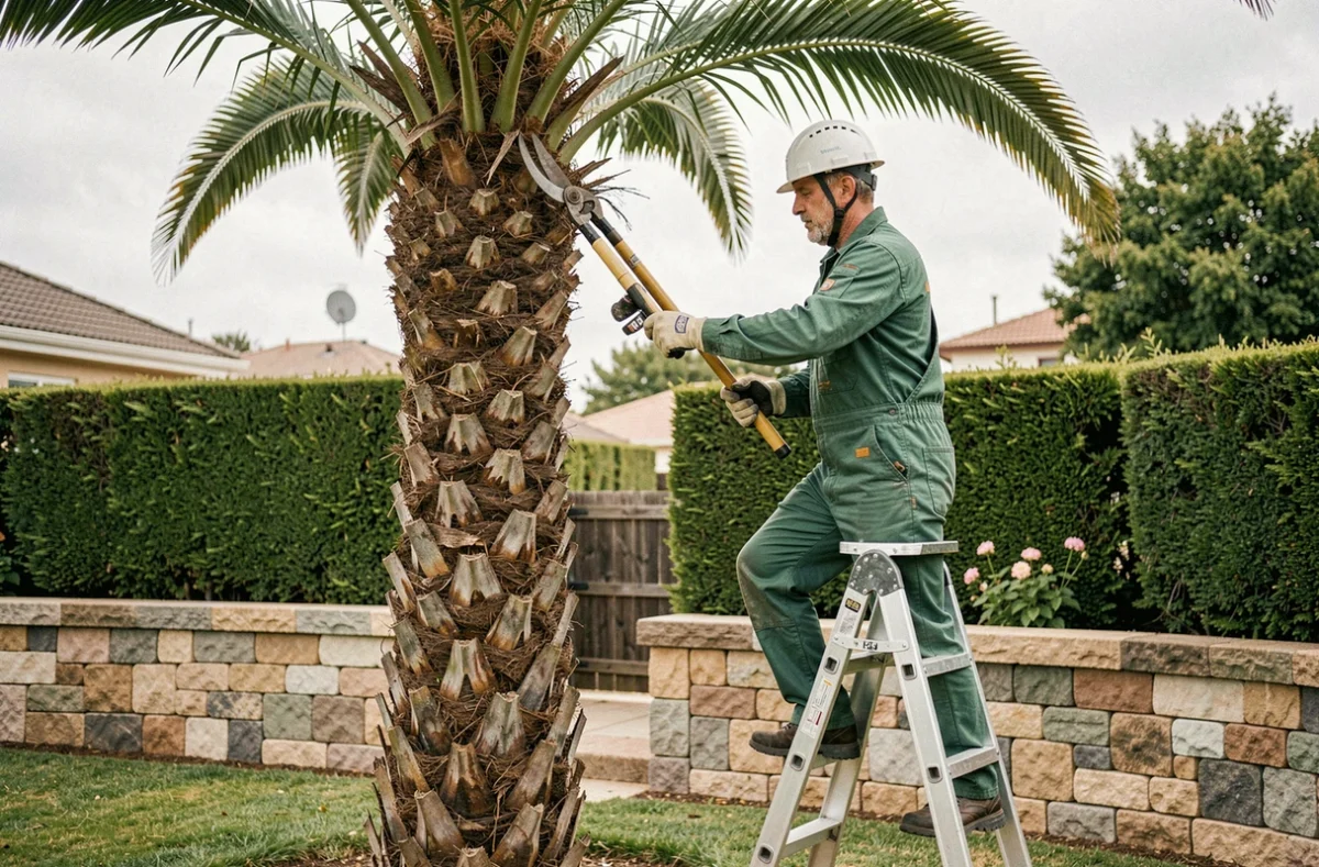 Arboriste en train de couper les fleurs d'un palmier pour limiter la dispersion du pollen dans un jardin résidentiel