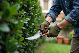 Homme taillant une haie de laurier avec un sécateur à long manche dans un jardin résidentiel français