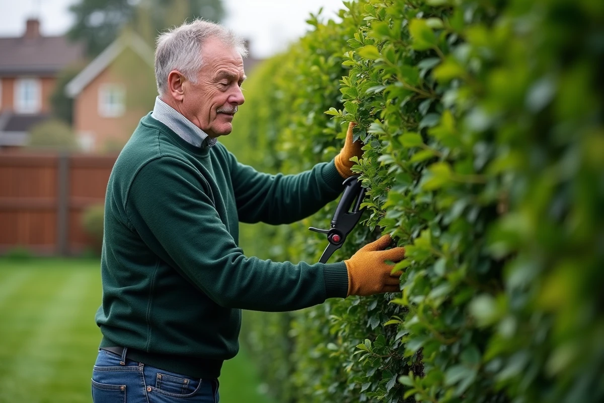 Homme taillant une haie de laurier avec des ciseaux