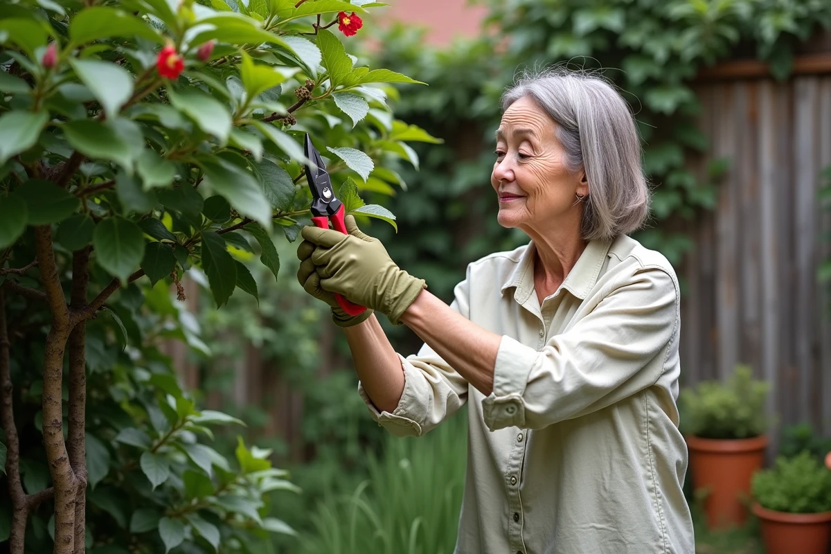 Femme d'une cinquantaine d'années taillant un hibiscus en plein air dans un jardin avec un sécateur, vêtue de gants de jardinage verts