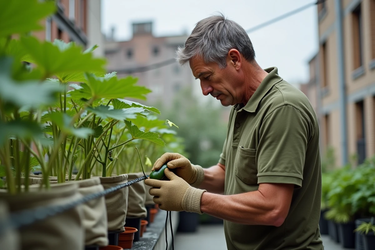 Homme taillant un plant de melon charentais cultivé en pot sur une terrasse urbaine avec vue sur des toits