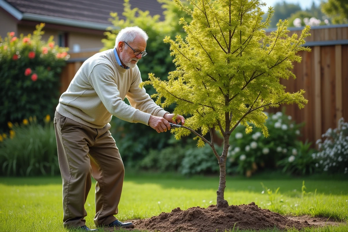 Homme age taille un mimosa dans un jardin paisible