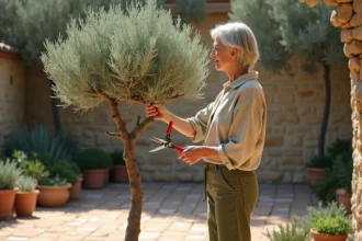Femme taillant un olivier en nuage dans un jardin provençal avec cisailles professionnelles