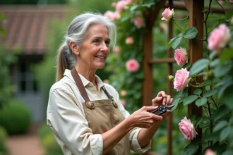 Femme taillant un rosier grimpant sur une arche de jardin en bois avec un sécateur