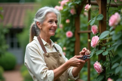 Femme taillant un rosier grimpant sur une arche de jardin en bois avec un sécateur