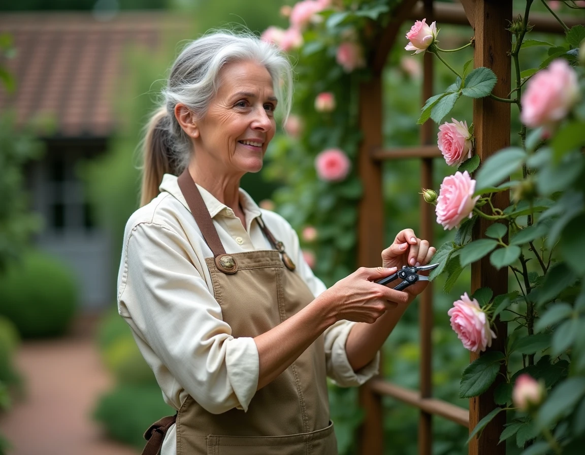 Femme taillant un rosier grimpant sur une arche de jardin en bois avec un sécateur