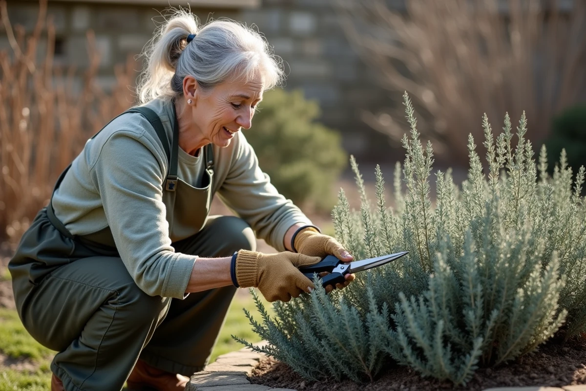 Femme jardinière taillant une sauge arbustive ligneuse au début du printemps dans un jardin en pierre