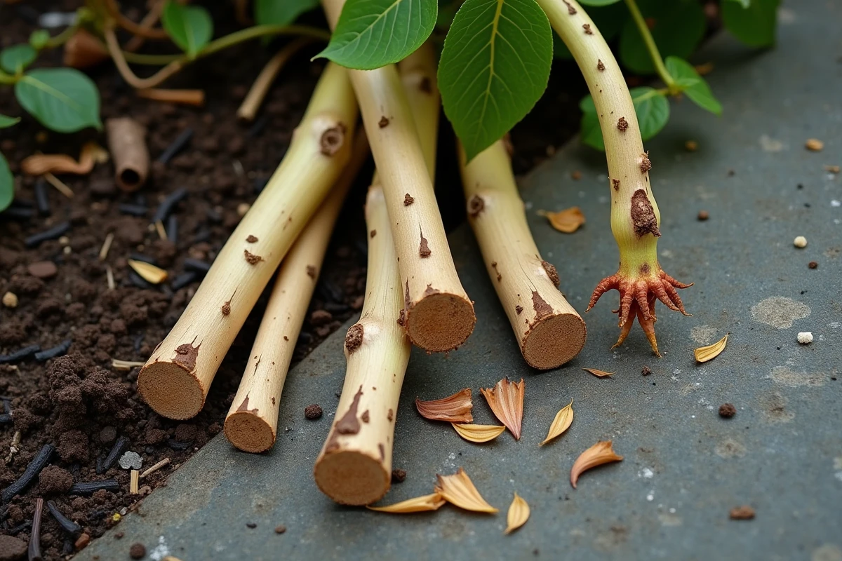 Gros plan sur des tiges d'hibiscus fraîchement taillées avec des bourgeons naissants sur une surface en pierre de jardin