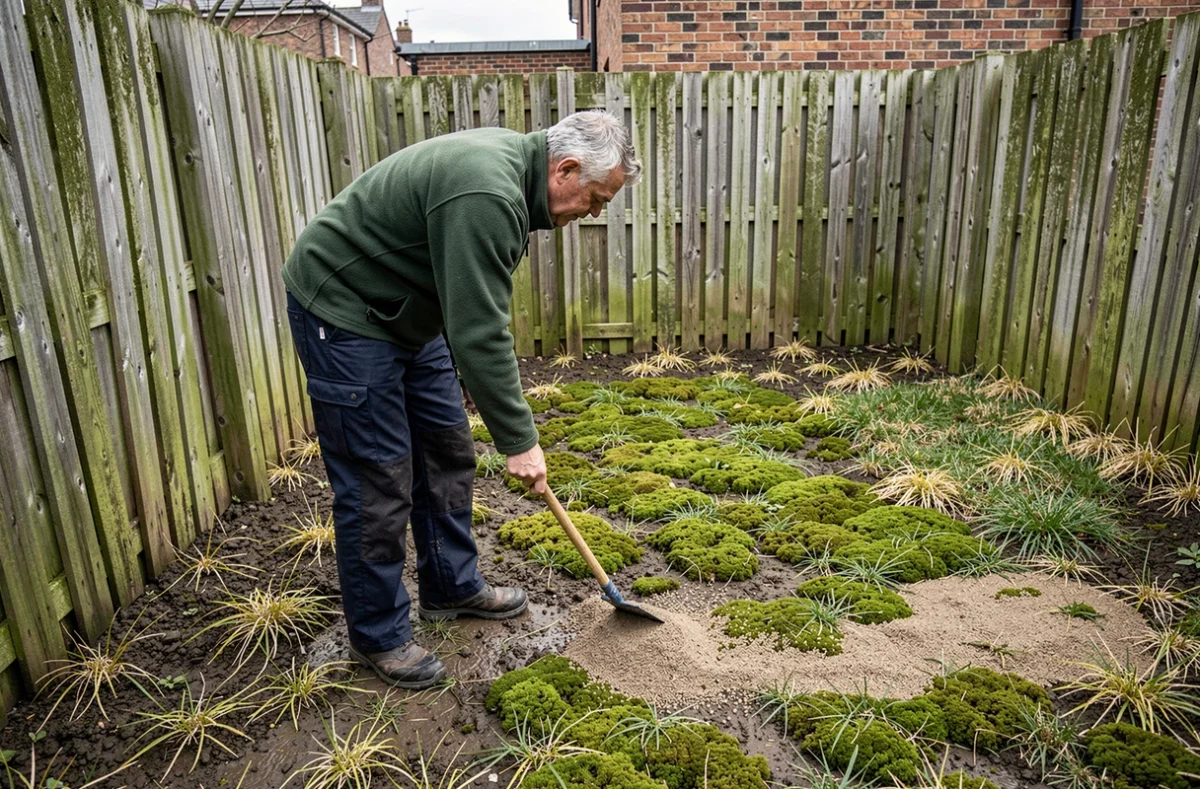 Homme traitant une pelouse envahie par la mousse dans un jardin urbain peu lumineux