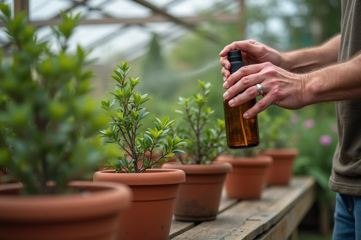 Application d'un traitement naturel à base d'huile de neem sur un laurier rose pour prévenir les pucerons