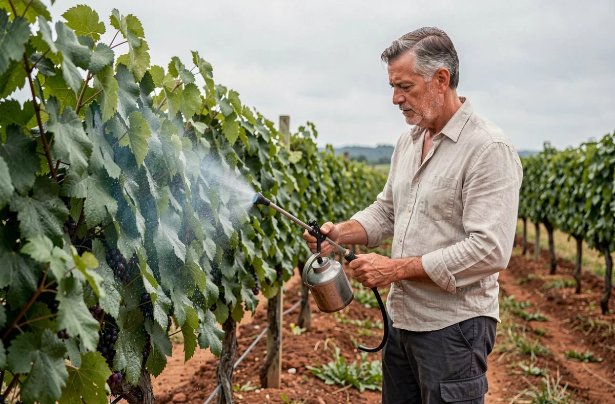 Homme traitant des vignes avec de la bouillie bordelaise à l'aide d'un pulvérisateur dans un vignoble