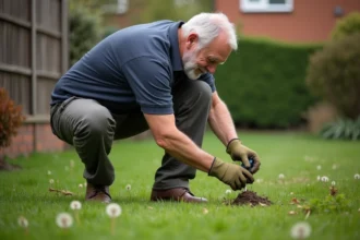 Homme appliquant un traitement sélectif herbicide sur une pelouse résidentielle au printemps