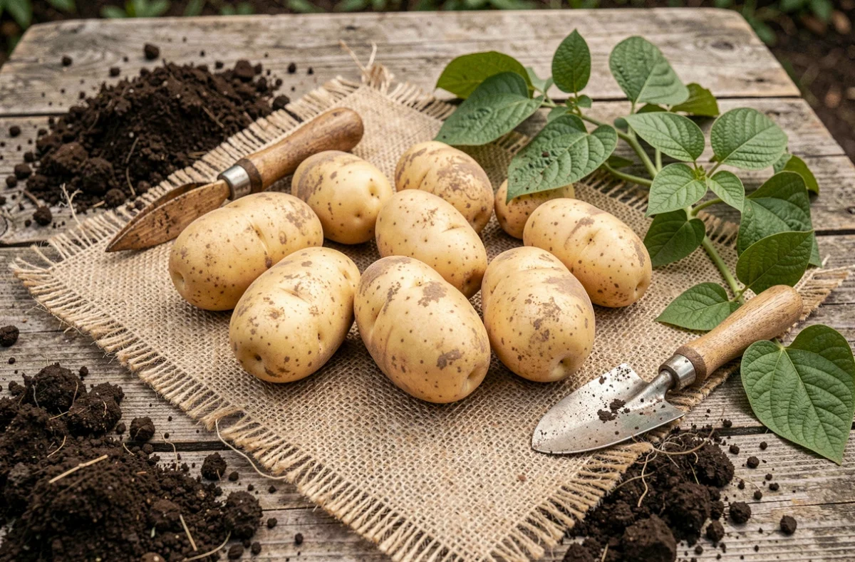 Pommes de terre Columbia disposées sur une toile de jute rustique avec une truelle de jardinage en bois