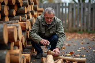 Homme vérifiant l'humidité d'une bûche de bois de chauffage avec un humidimètre numérique dans une cour rurale