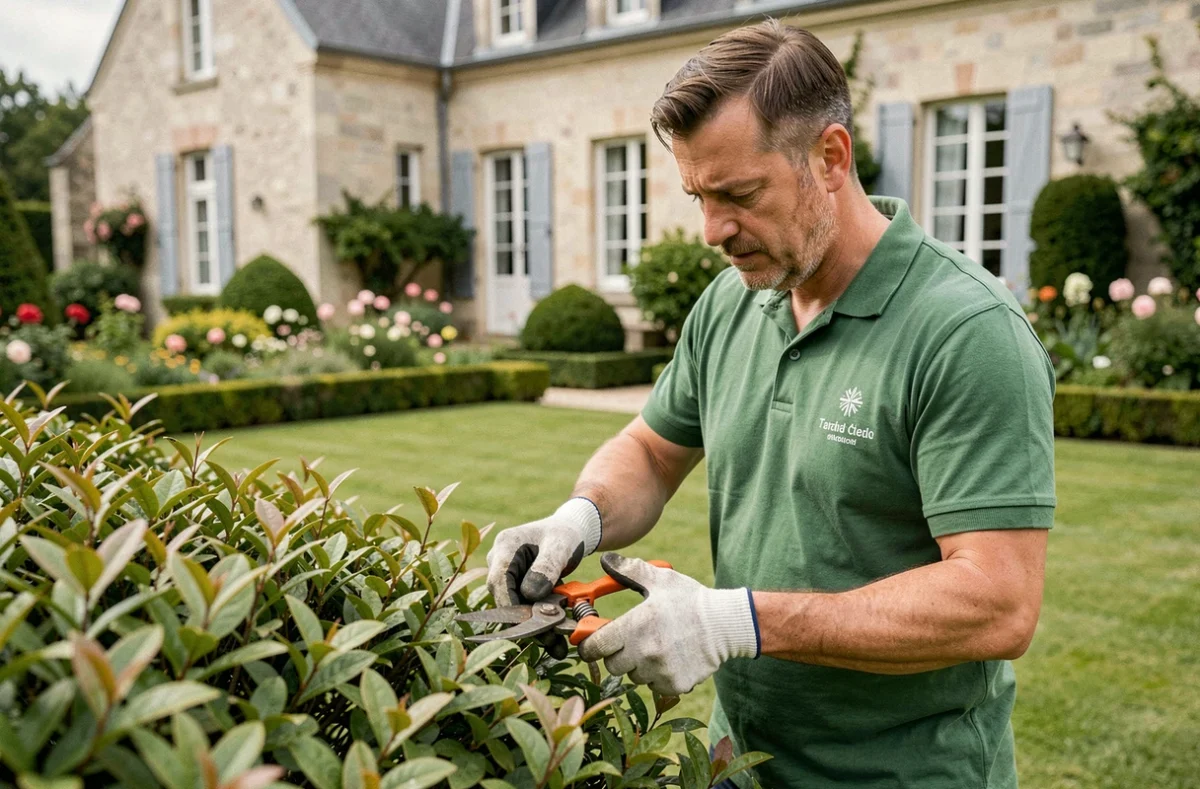 Jardinier de Vert de Baumes taillant des arbustes ornementaux dans un jardin résidentiel élégant